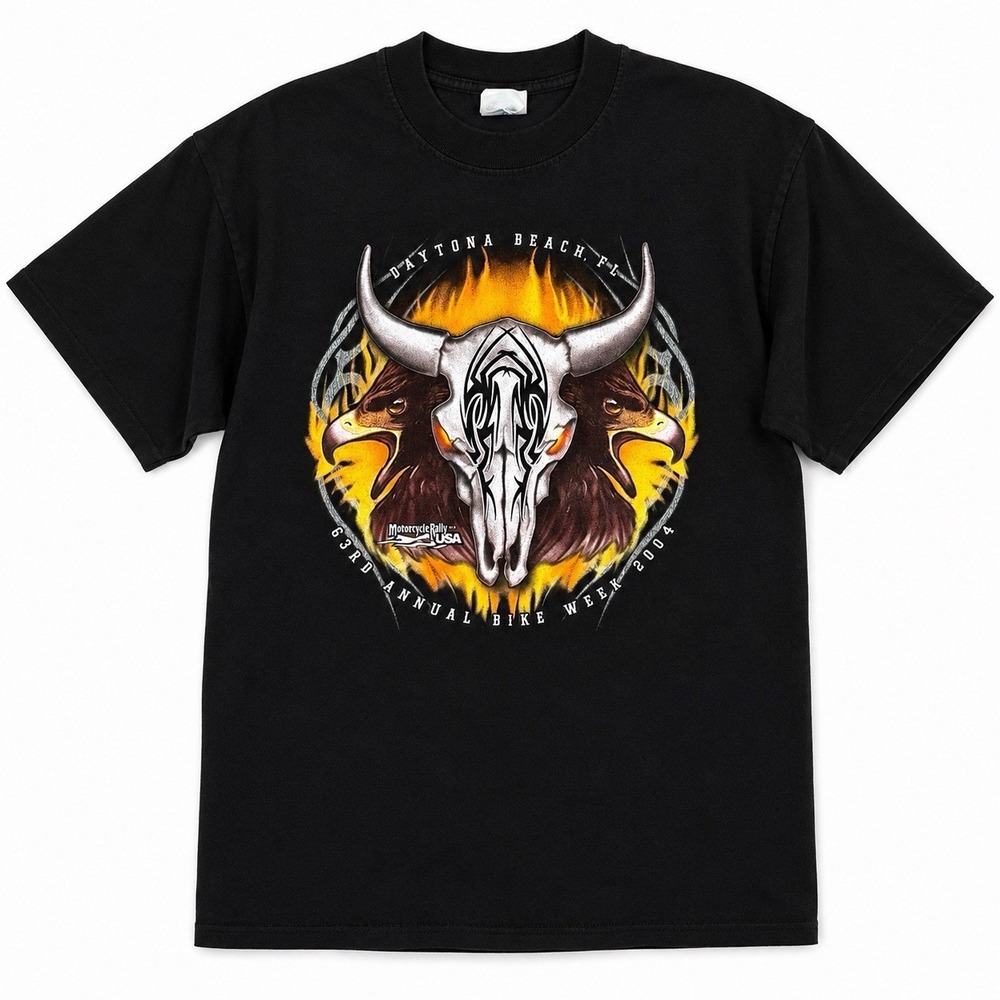 VTG 2004 Daytona Beach Bike Week T Shirt L Black Steer Skull Flames Eagle Back